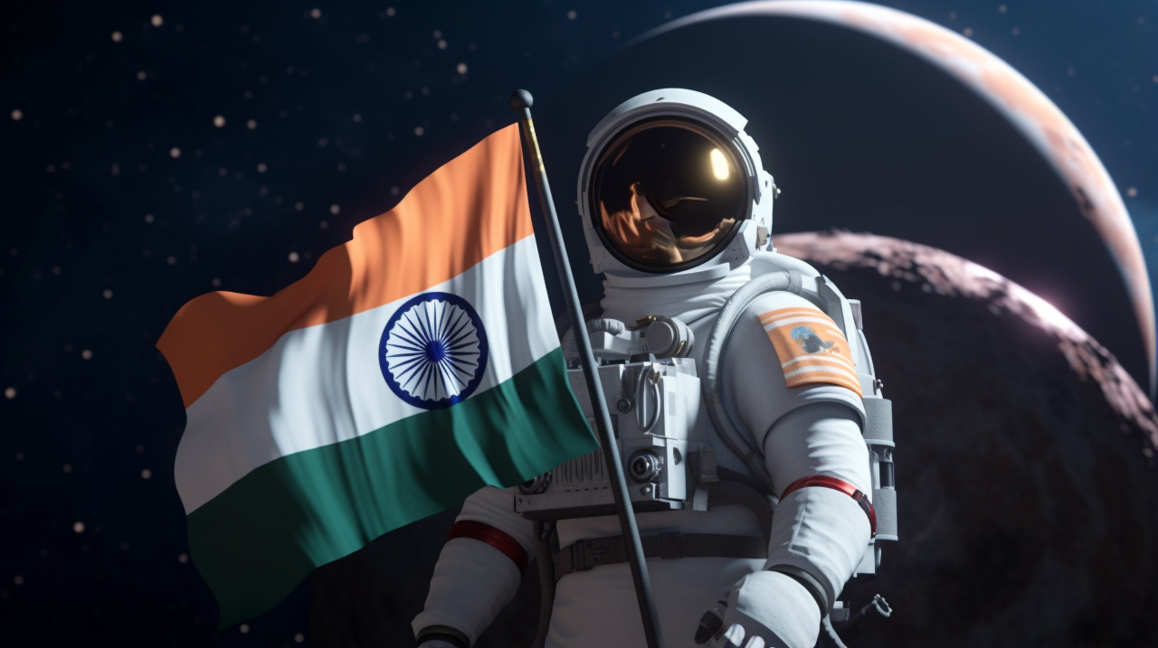 Astronaut planting the flag on the moon, chandrayaan with indian flag