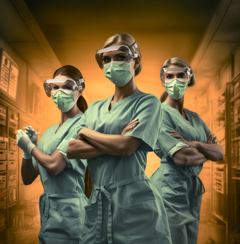 Three medical employees with surgical masks posing for a shot, medical images stock