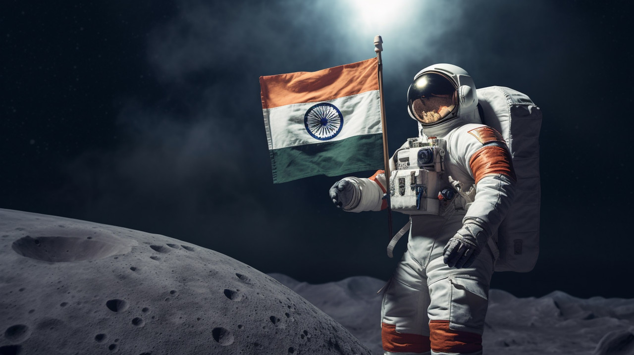 An astronaut holding an indian flag on the moon, chandrayaan with indian flag