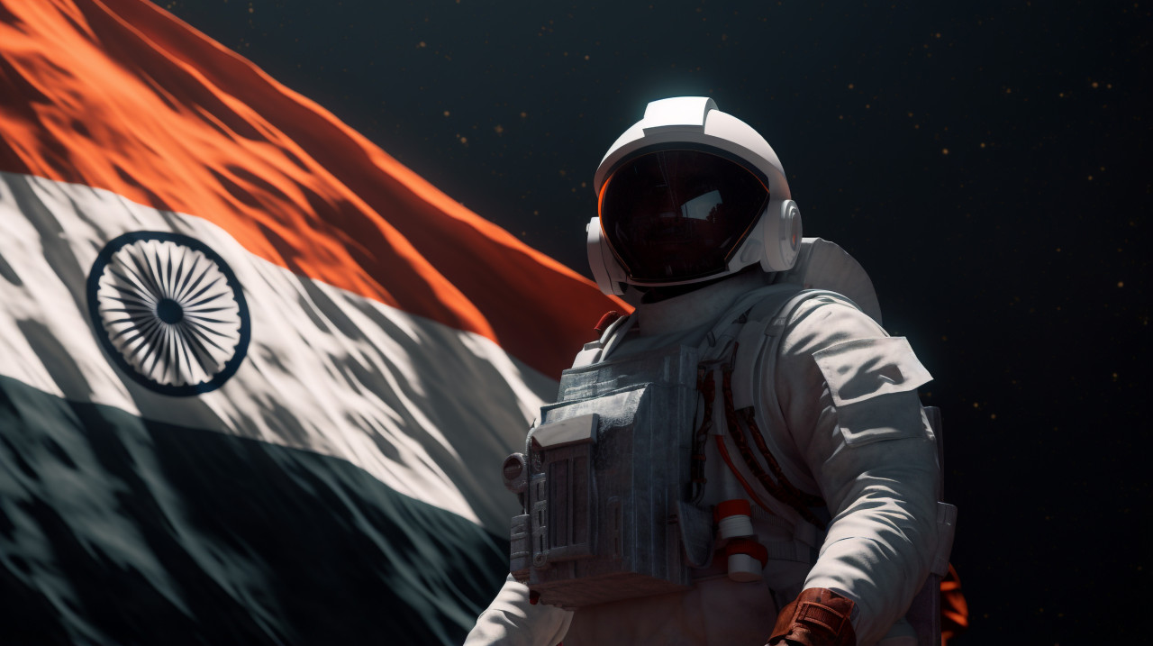 An astronaut holding a indian flag on the moon, chandrayaan with indian flag