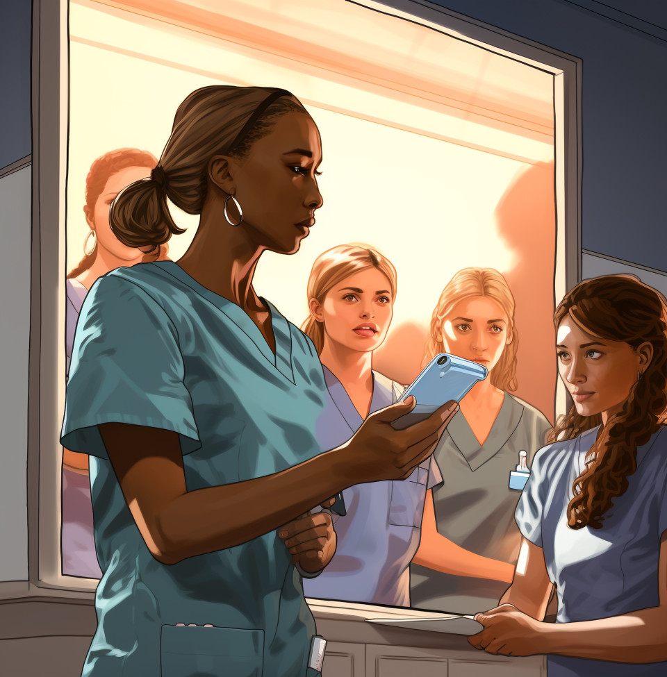 Nurse and medical techs discussing patient care, medical images stock