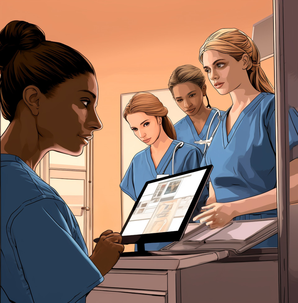 Nurses and techs consult on patient's chart, medical images stock