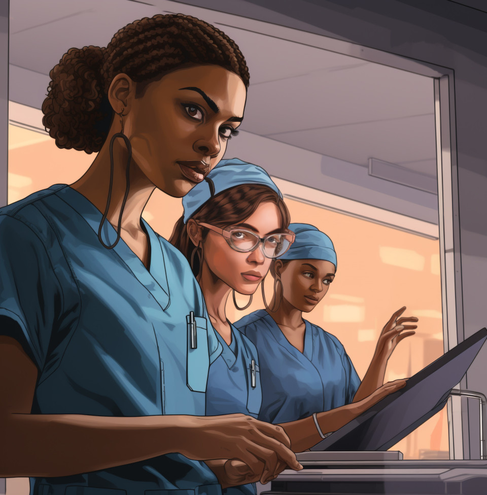 Medical team confers on patient's symptoms, medical images stock