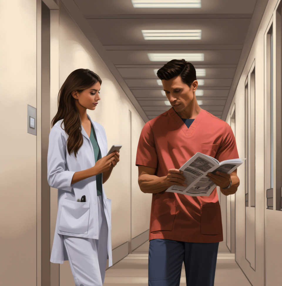 Female doctor and male patient looking at paper in the hallway, medical images stock