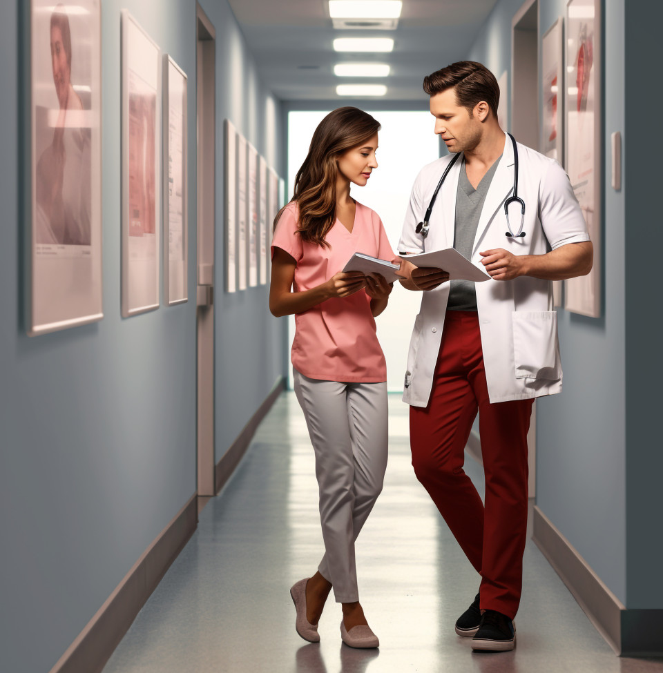 Doctor and patient in hallway after consultation, medical images stock