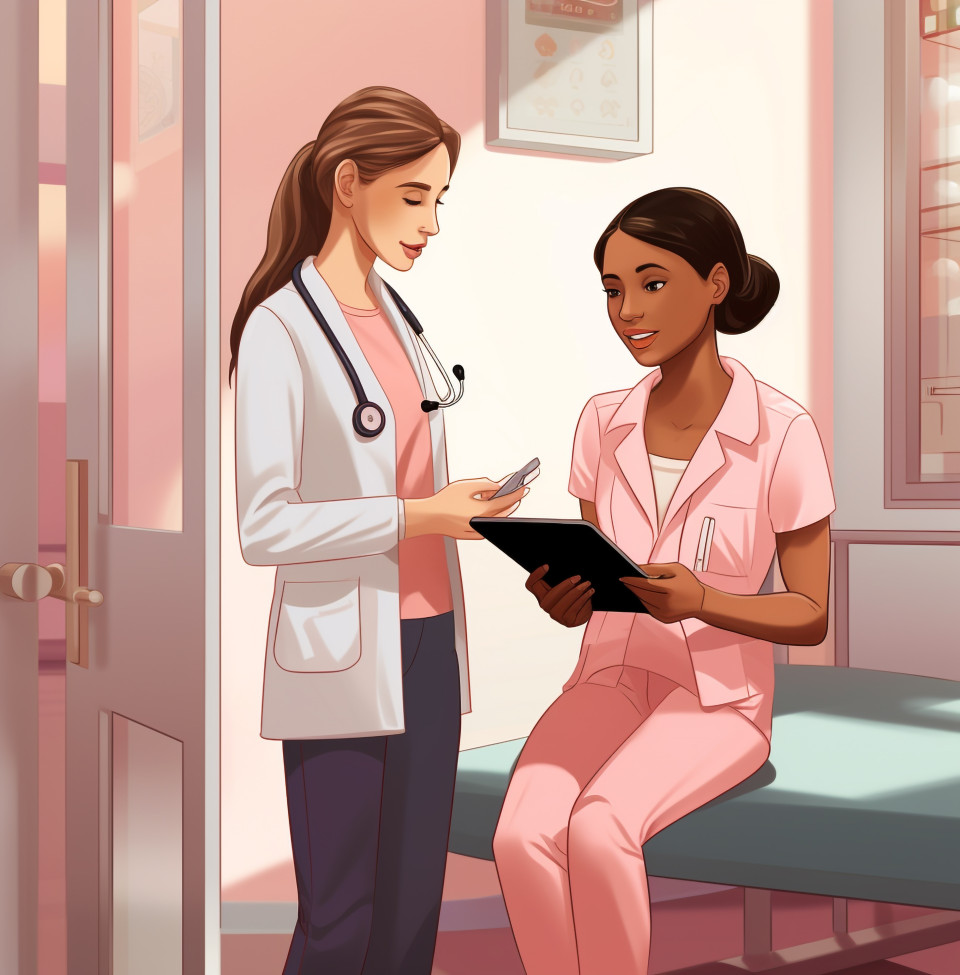 Female doctor giving a tablet to girl patient in the waiting room, medical images stock