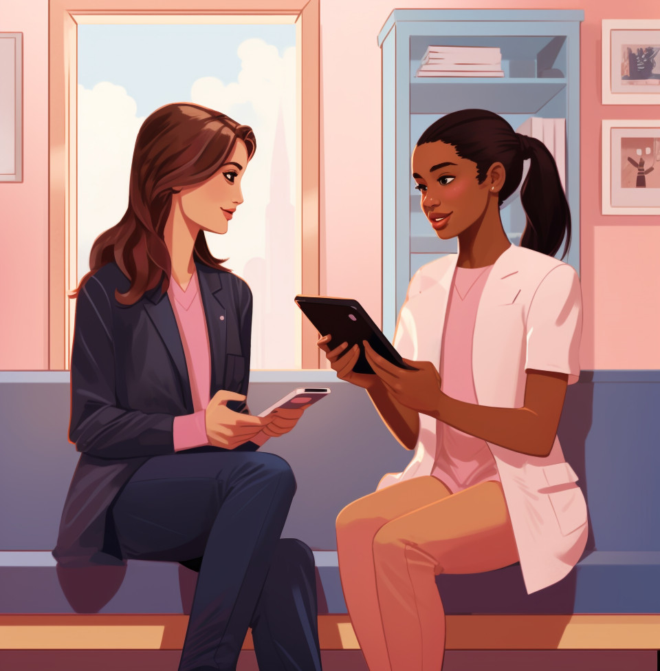 Female doctor gives tablet to girl patient, medical images stock