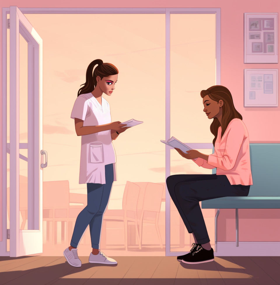 Doctor hands tablet to waiting room patient, medical images stock