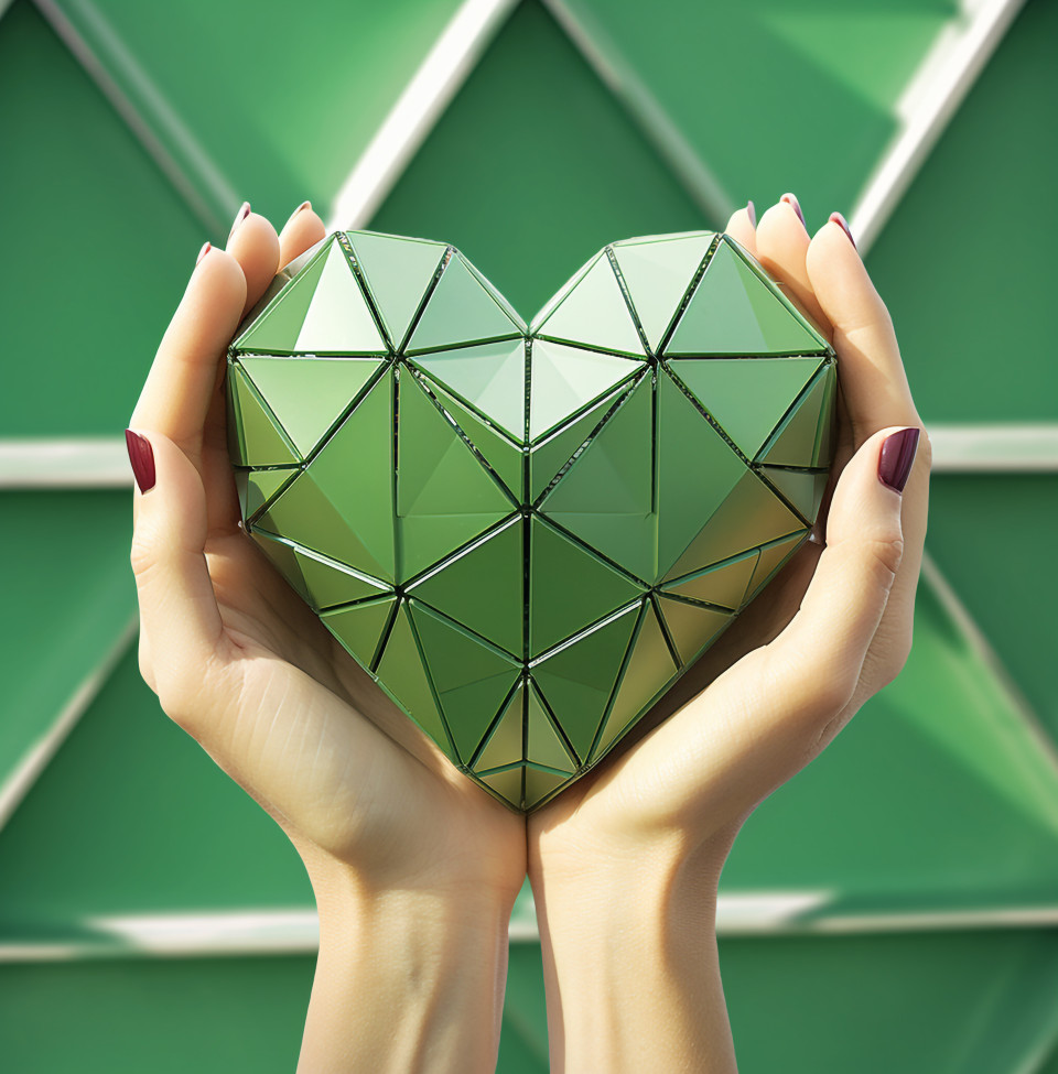 Female hand makes heart shape on green background, medical images stock