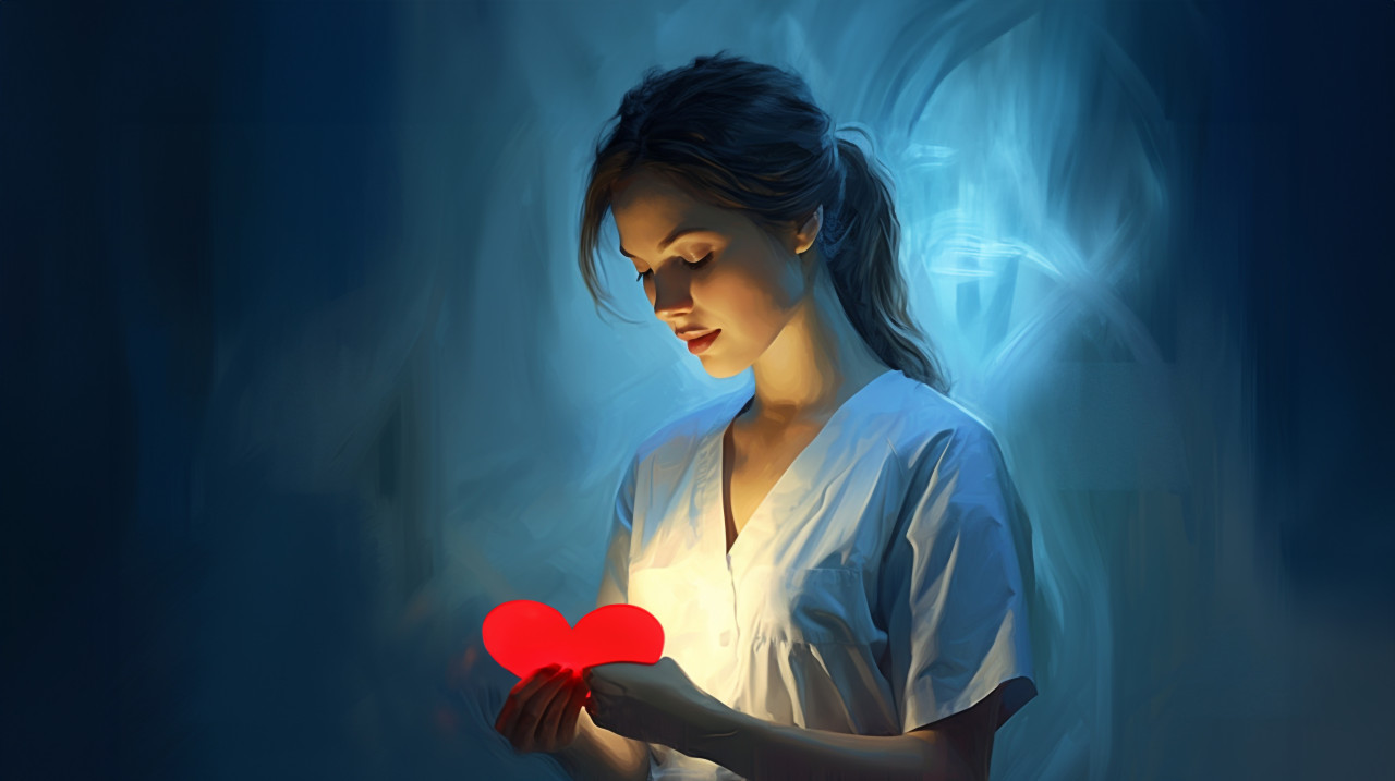 Woman nurse in scrubs holding tablet with a heartbeat, medical images stock