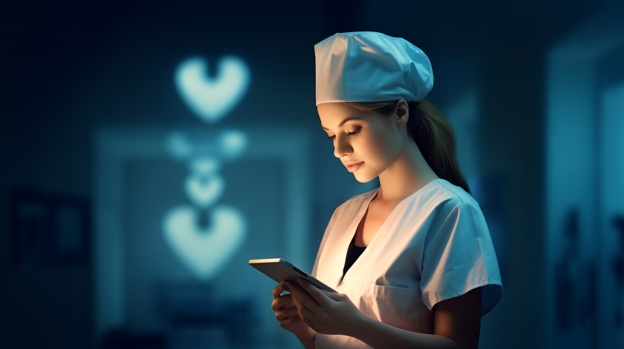 Nurse checking patient's heartbeat on tablet, medical images stock