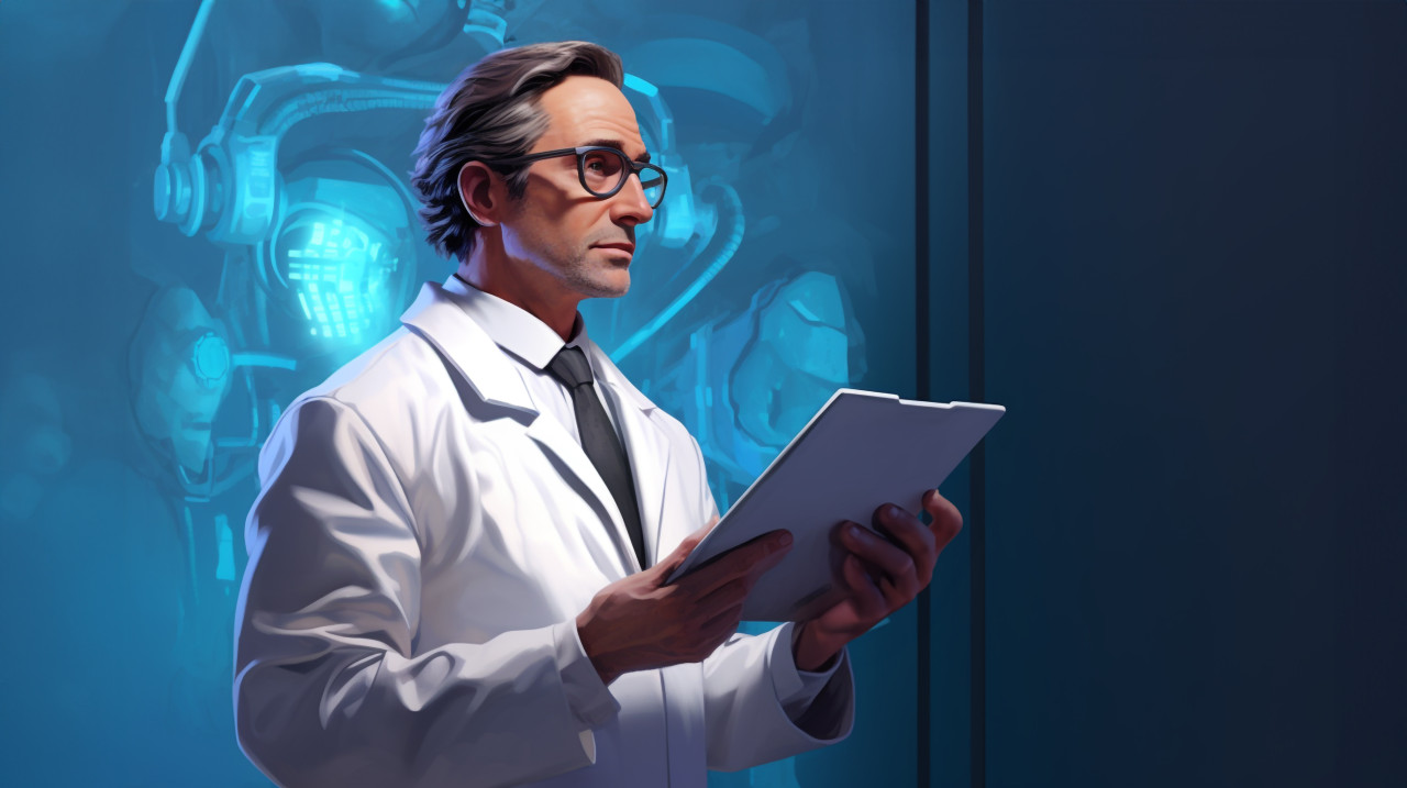Image of a human doctor holding up a tablet computer, medical images stock