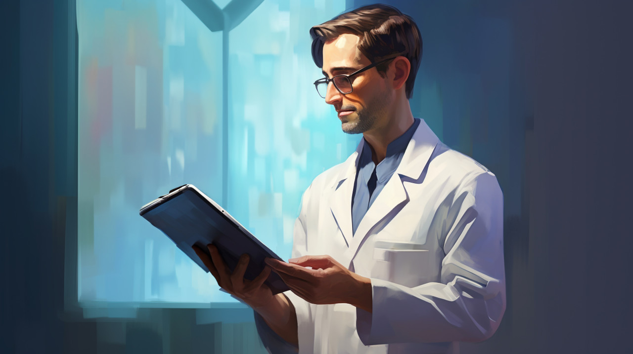 Medical professional reading tablet, medical images stock