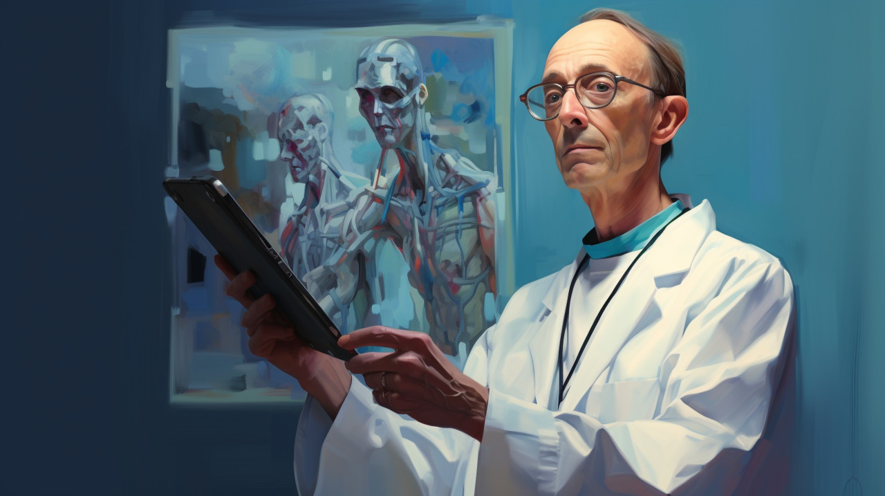 Doctor using digital device, medical images stock