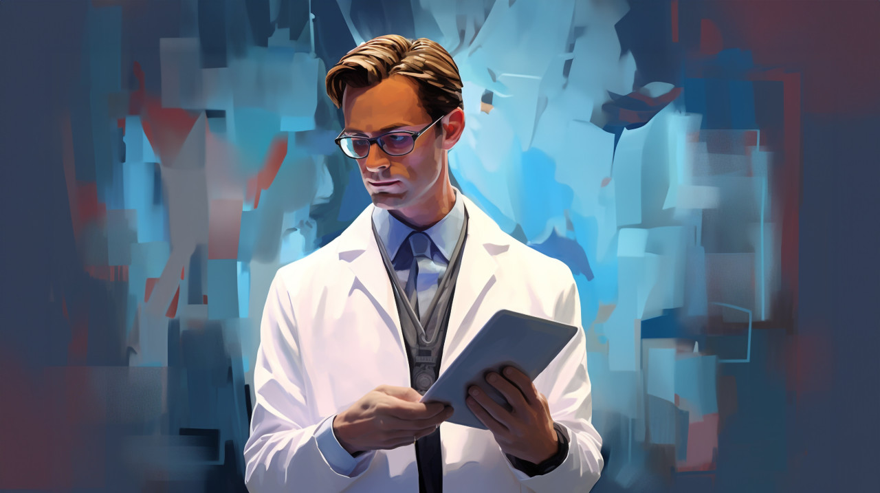 Doctor examining patient on tablet, medical images stock