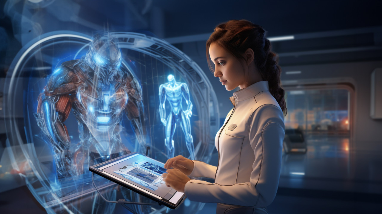 A woman in a lab coat is using a tablet near futuristic graphics, medical images stock