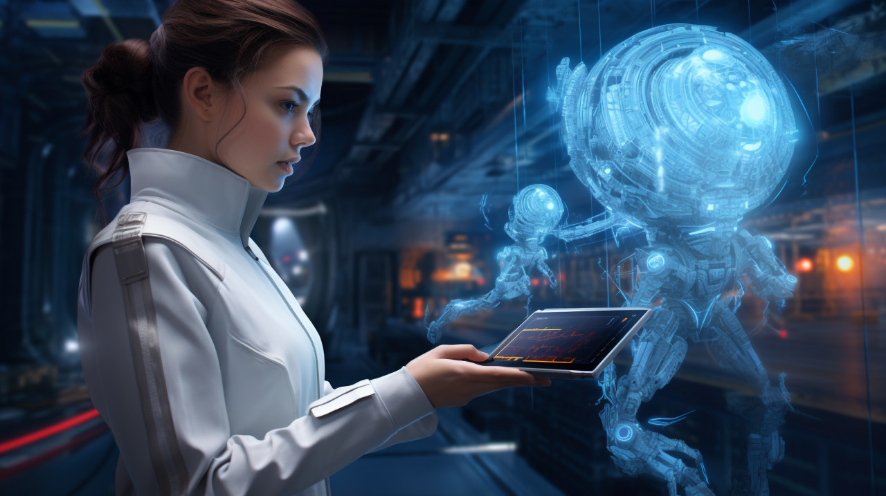Woman in lab coat studies futuristic graphics on tablet, medical images stock