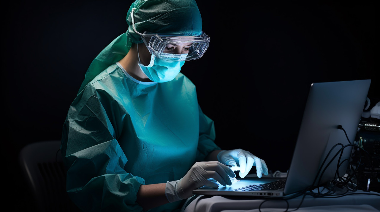 Female surgeon in mask and gloves standing on her laptop, medical images stock