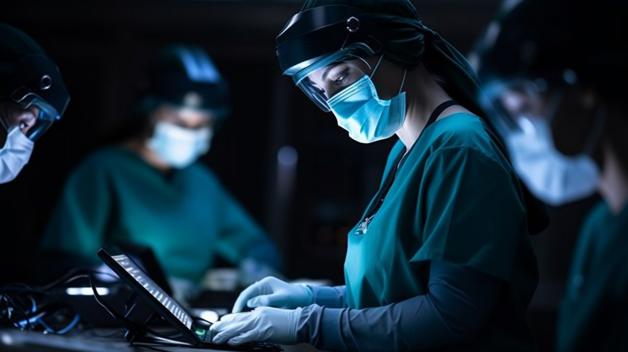 Female surgeon working on laptop, medical images stock