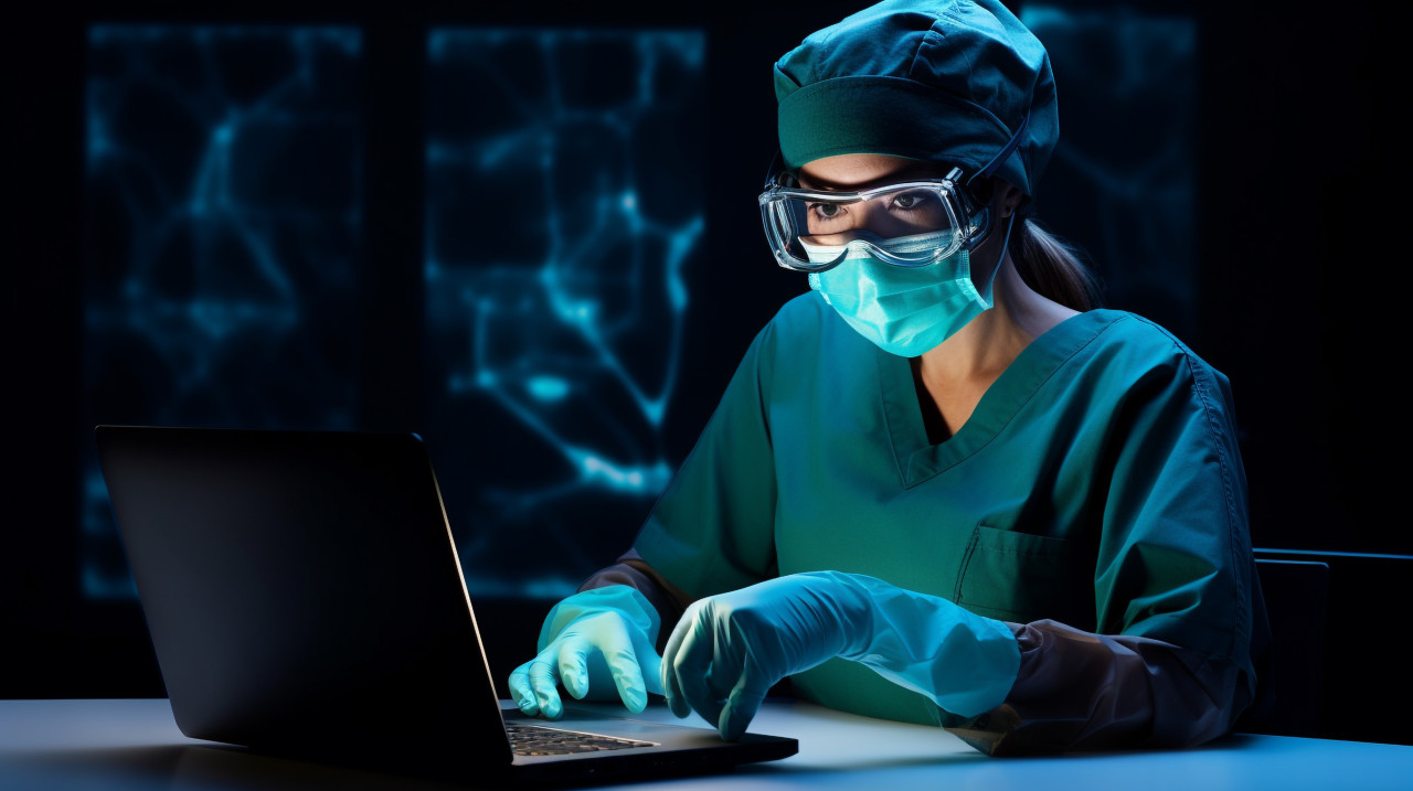 Surgeon in mask and gloves using laptop, medical images stock