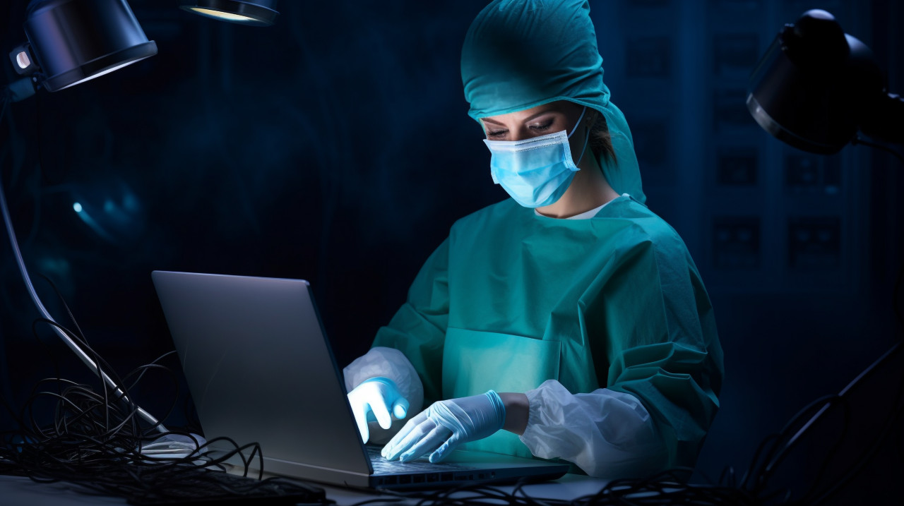 Female doctor using laptop in hospital, medical images stock