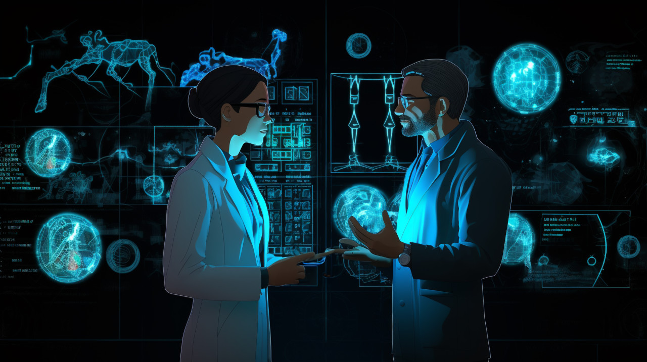 Two scientists talking next to a black screen, medical images stock