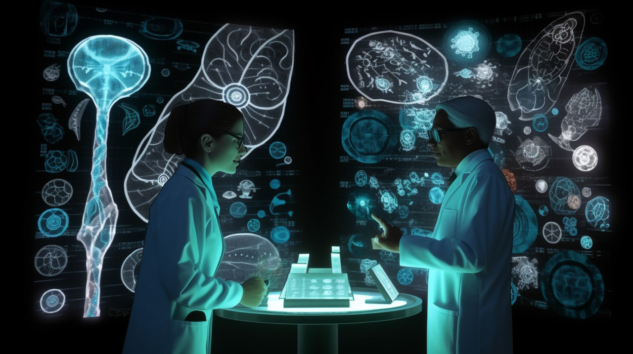 Team of scientists work together, medical images stock