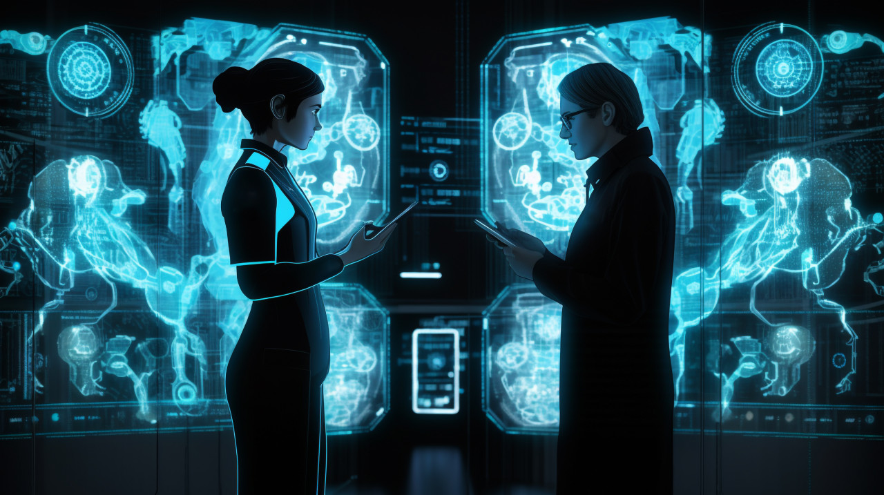 Scientists collaborate on a project, medical images stock