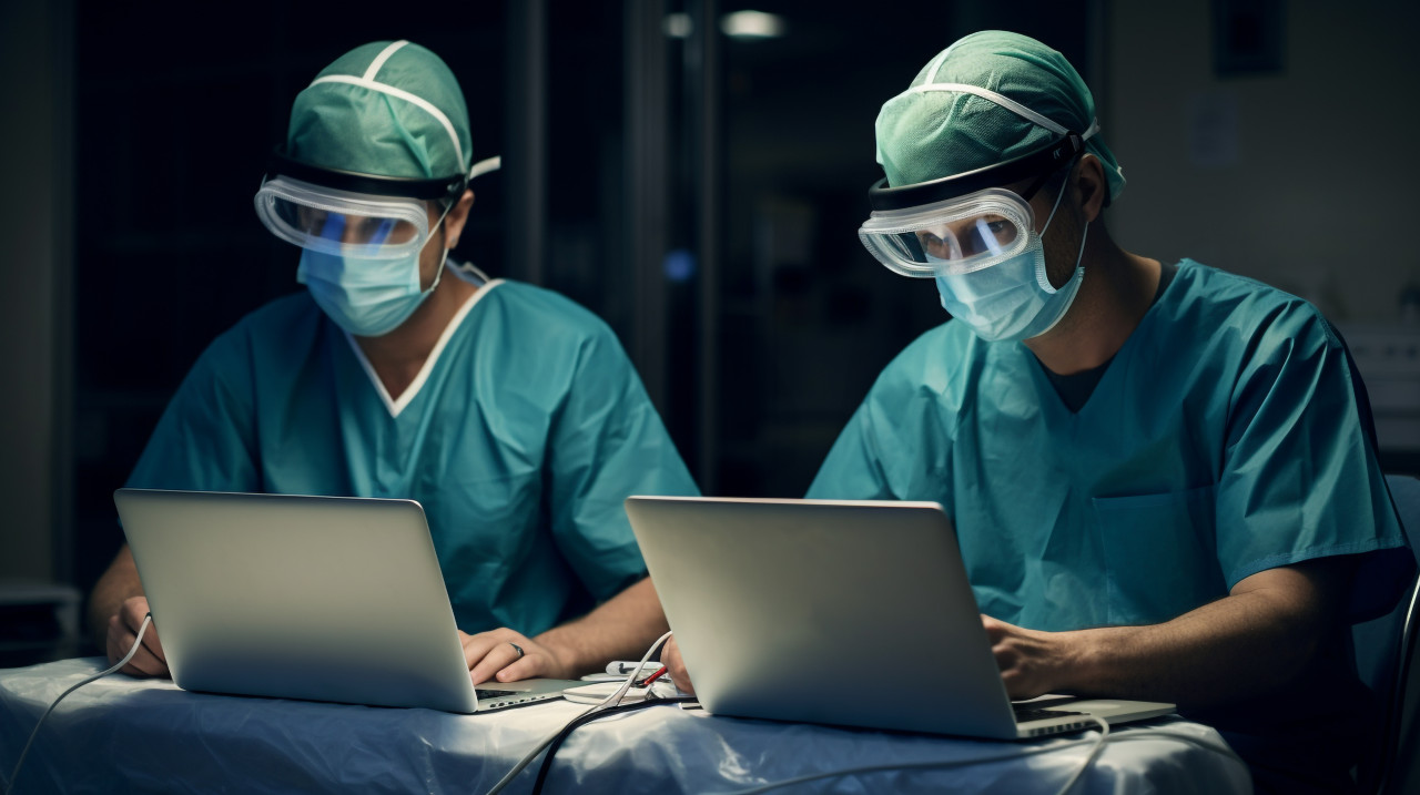 A pair of medical workers wear medical face masks over their laptops, medical images stock