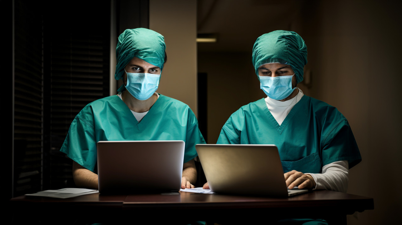 Medical workers working from home, medical images stock