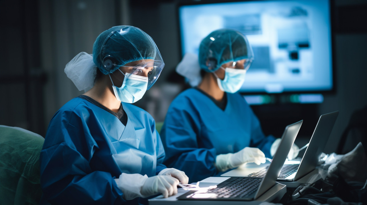 Healthcare professionals logging on, medical images stock