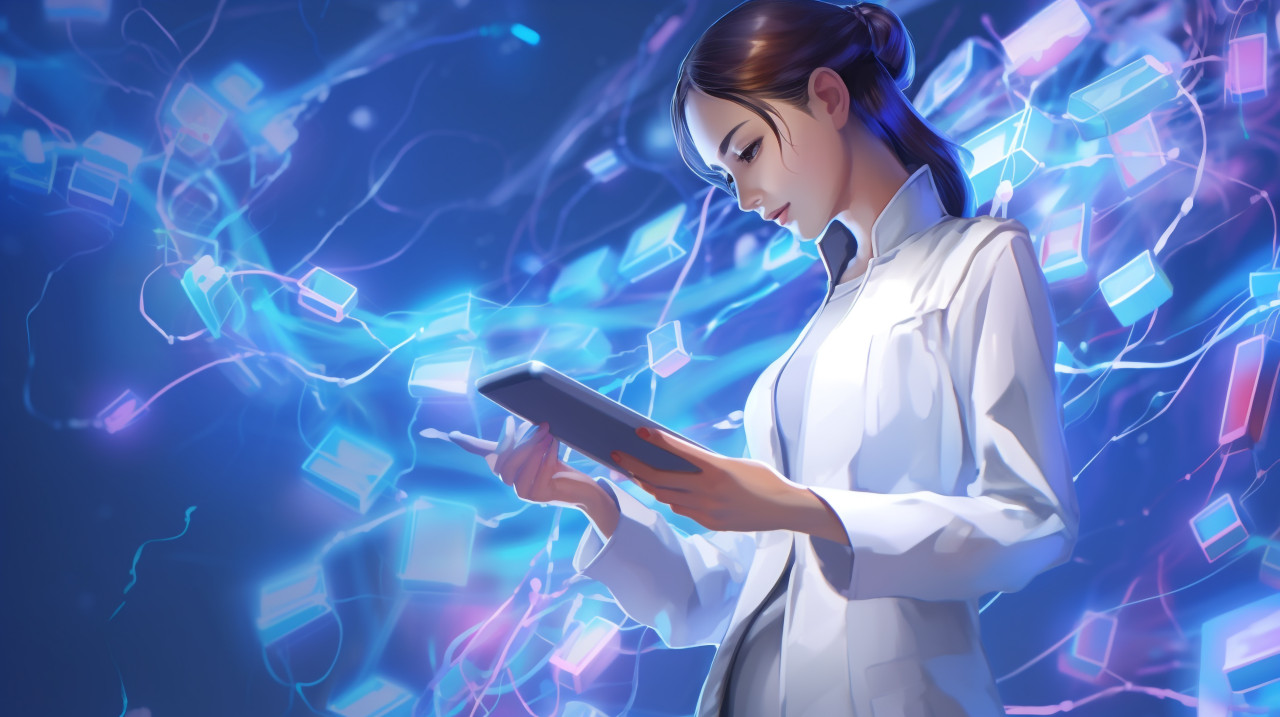 Nurse checking patient records on tablet, medical images stock