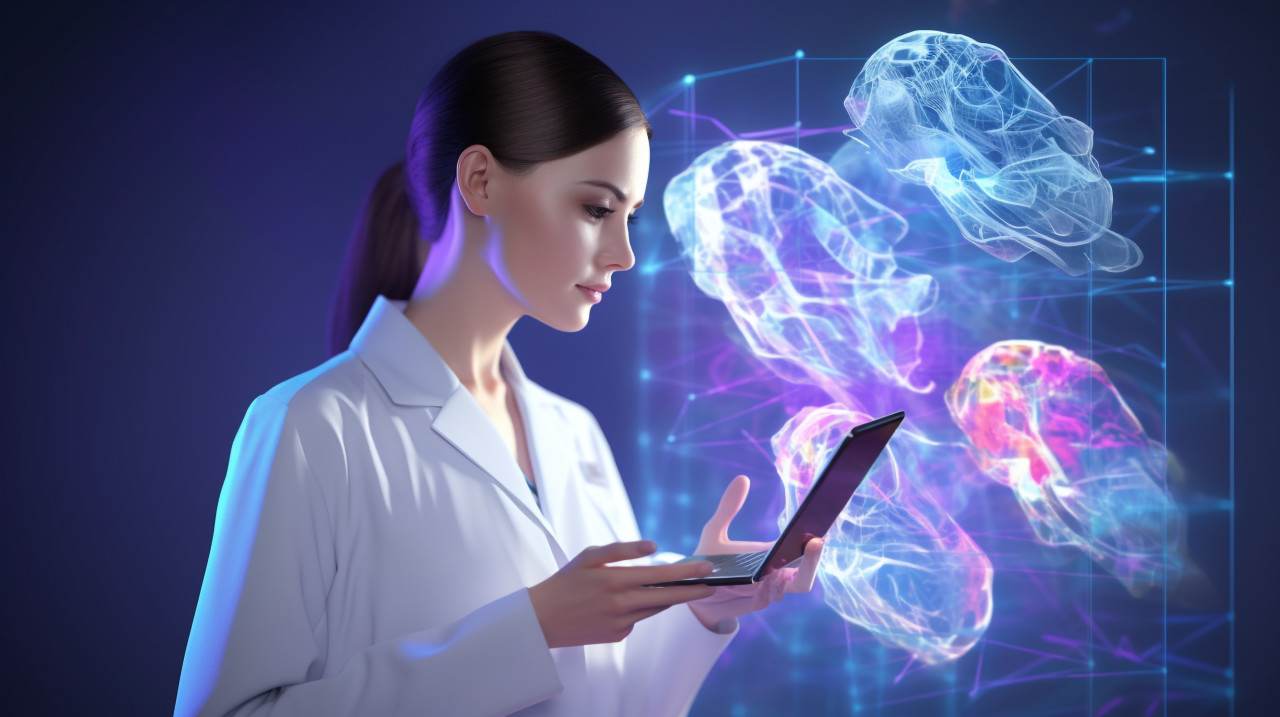 Nurse logging patient data on tablet, medical images stock