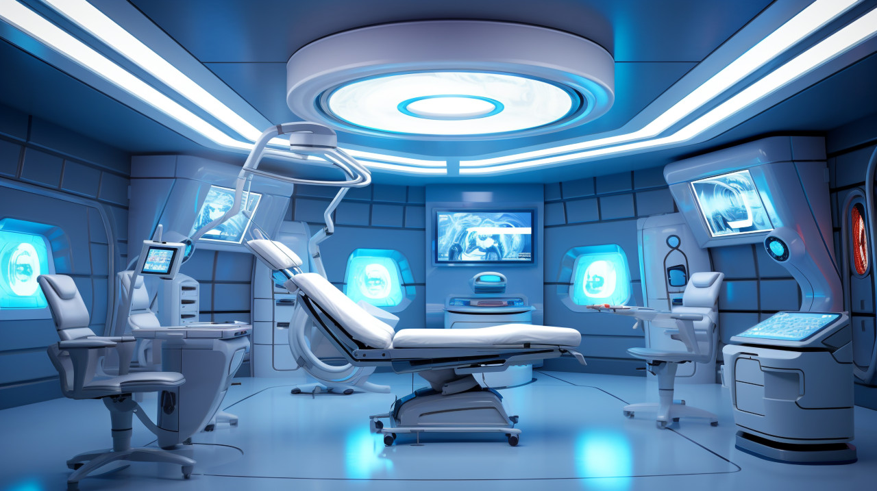 Medical room with soothing blue lighting, medical images stock