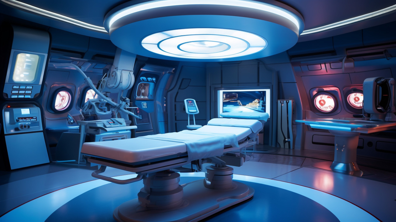 Blue light therapy in medical office, medical images stock