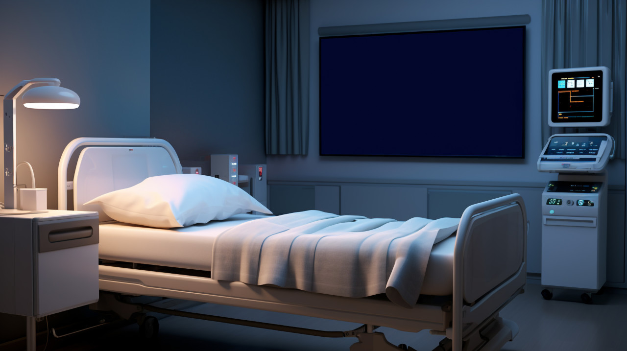 A hospital bed next to a monitor, medical images stock