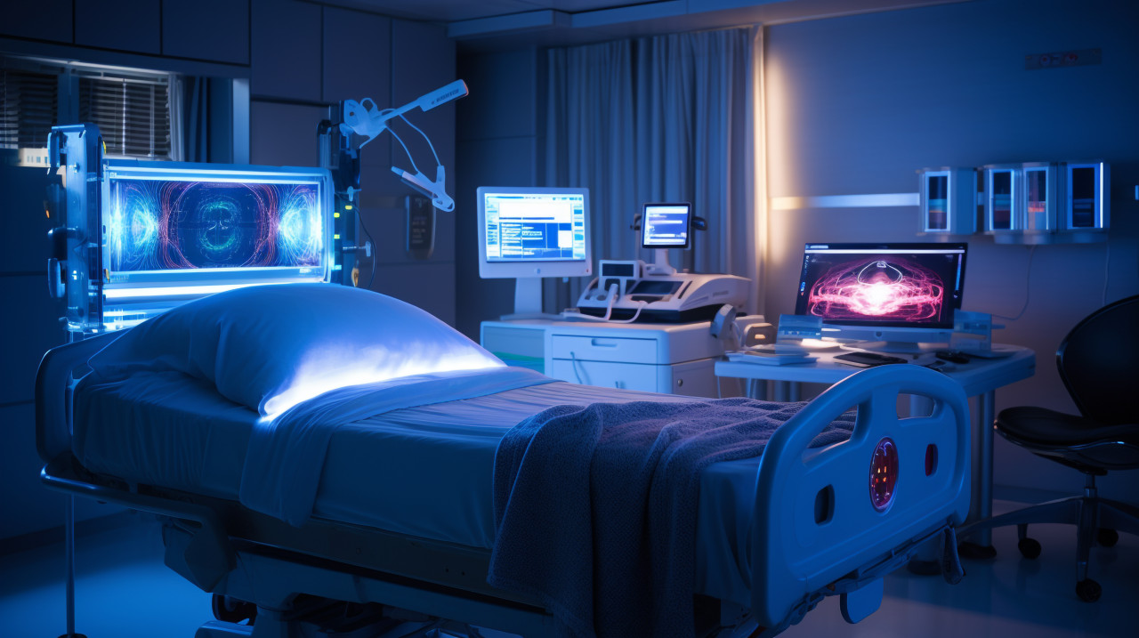 Heart rate monitor in hospital bed, medical images stock