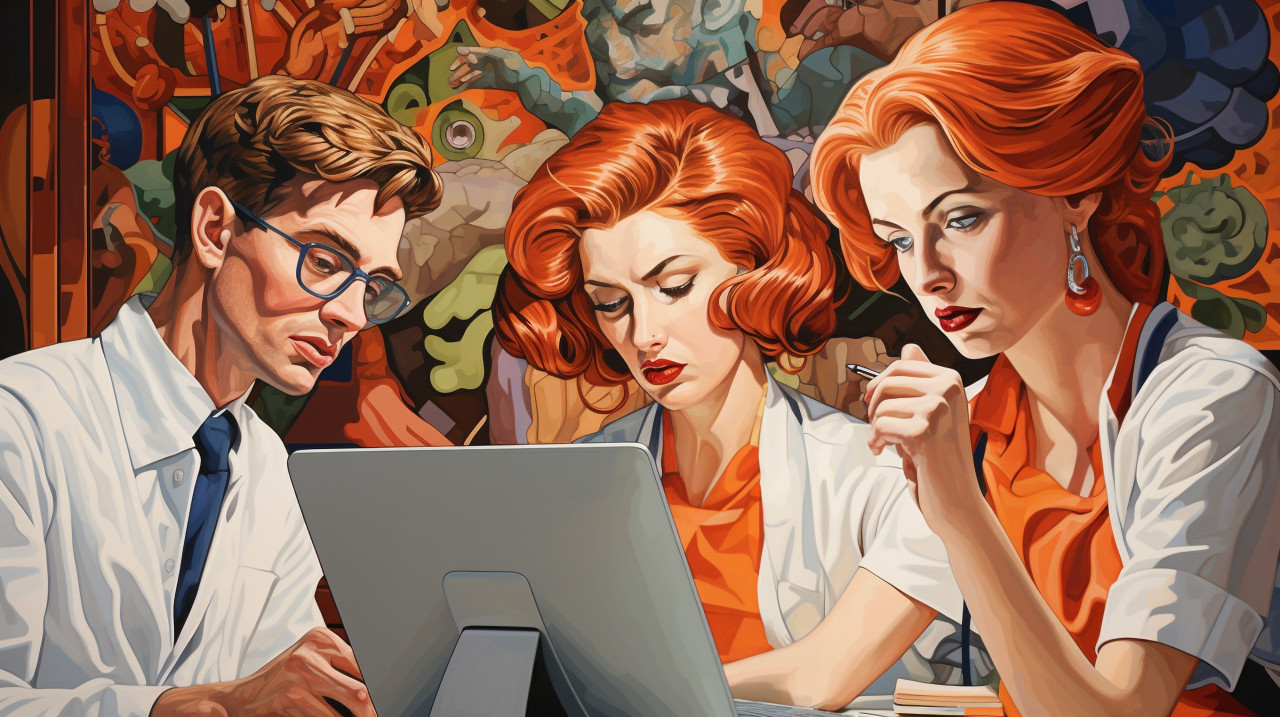 Medical staff working together on laptops, medical images stock