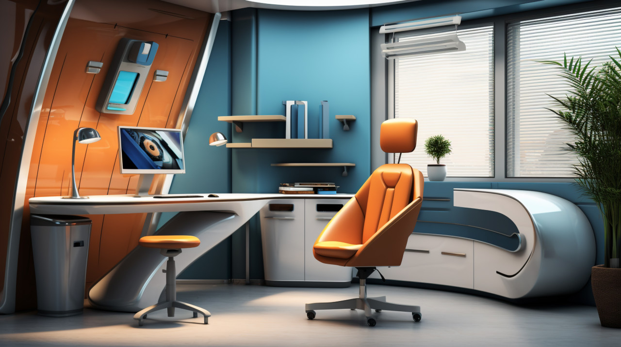 A dental office with a blue desk, medical images stock