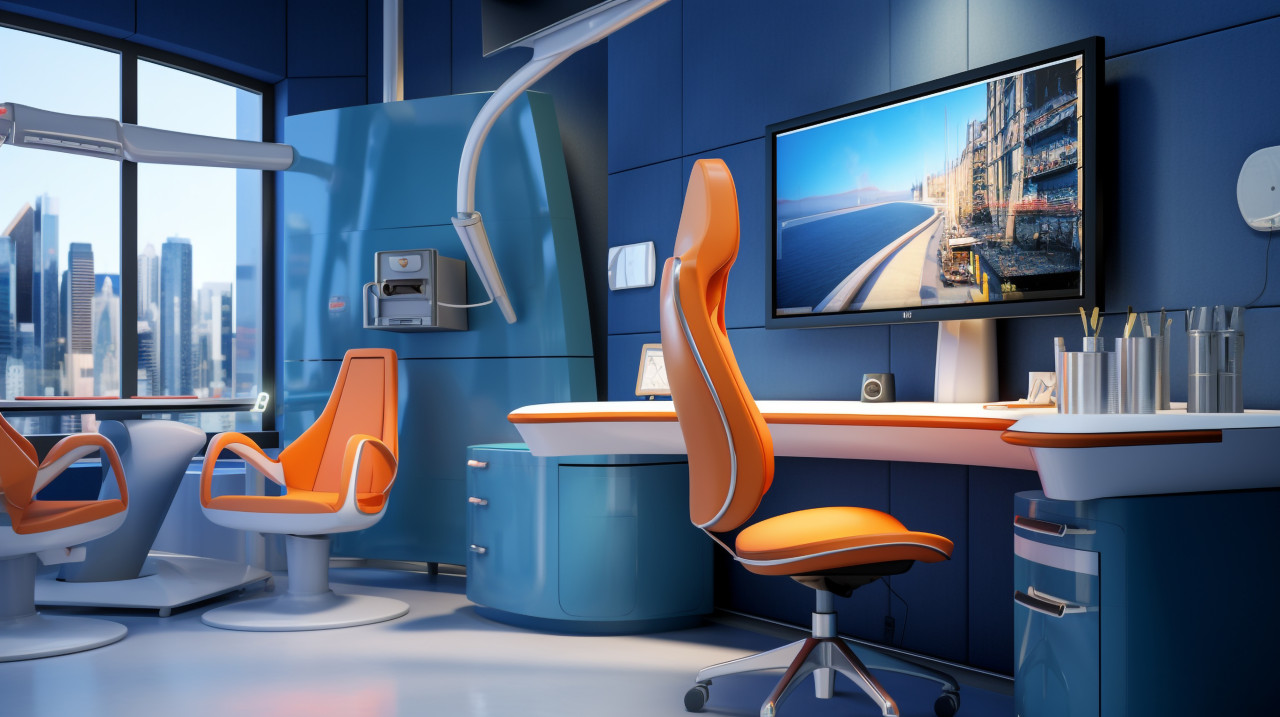 Dental hygienist working at blue desk, medical images stock