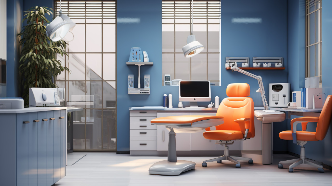 Modern dental office with comfortable waiting area, medical images stock
