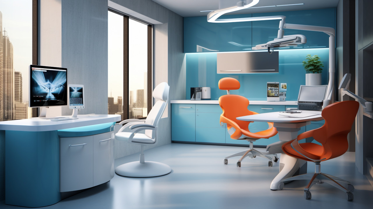 Patient getting dental checkup in blue-desked office, medical images stock