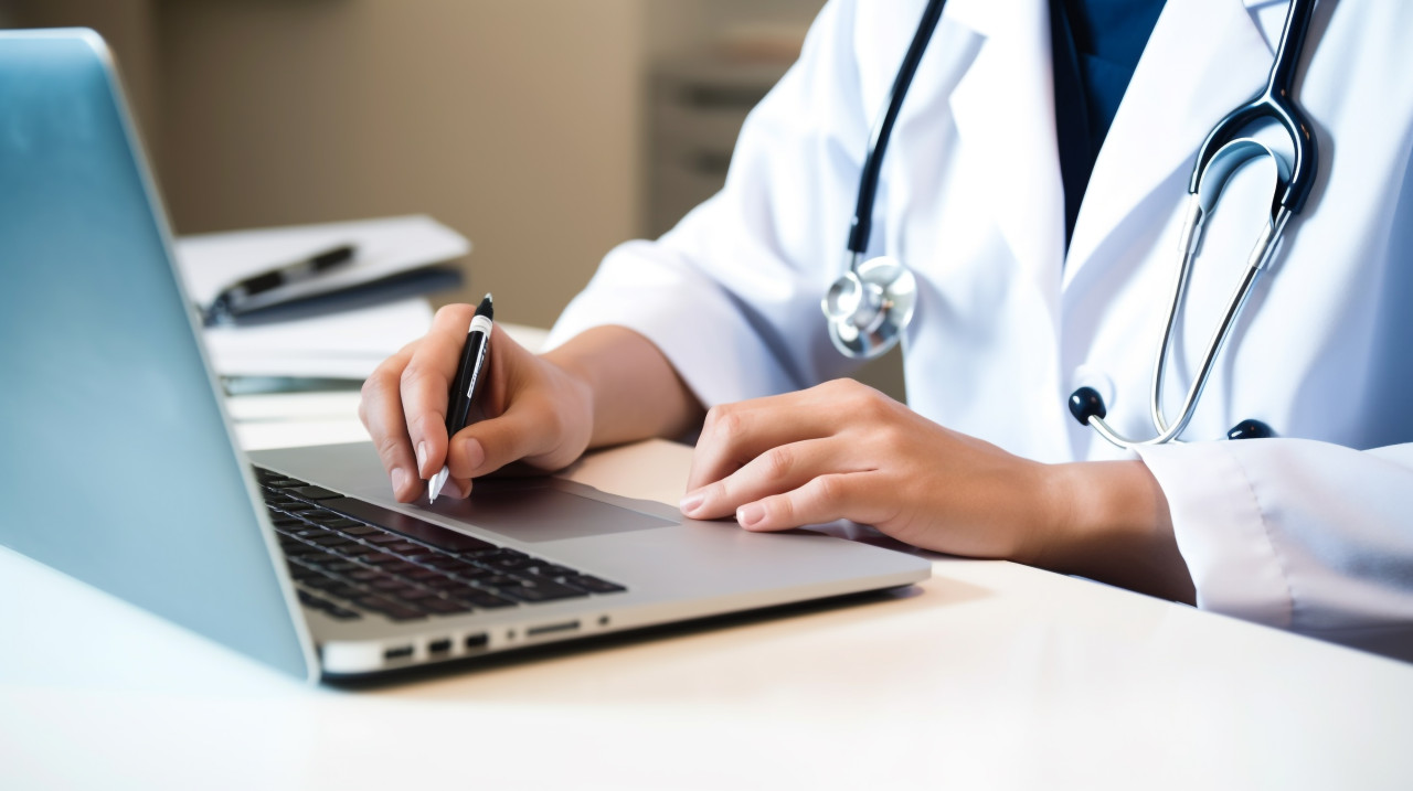 A male doctor writing on a sheet of paper working on her laptop, medical images stock