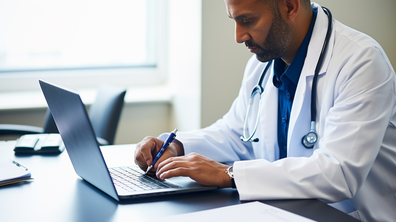 Male doctor taking notes on laptop, medical images stock