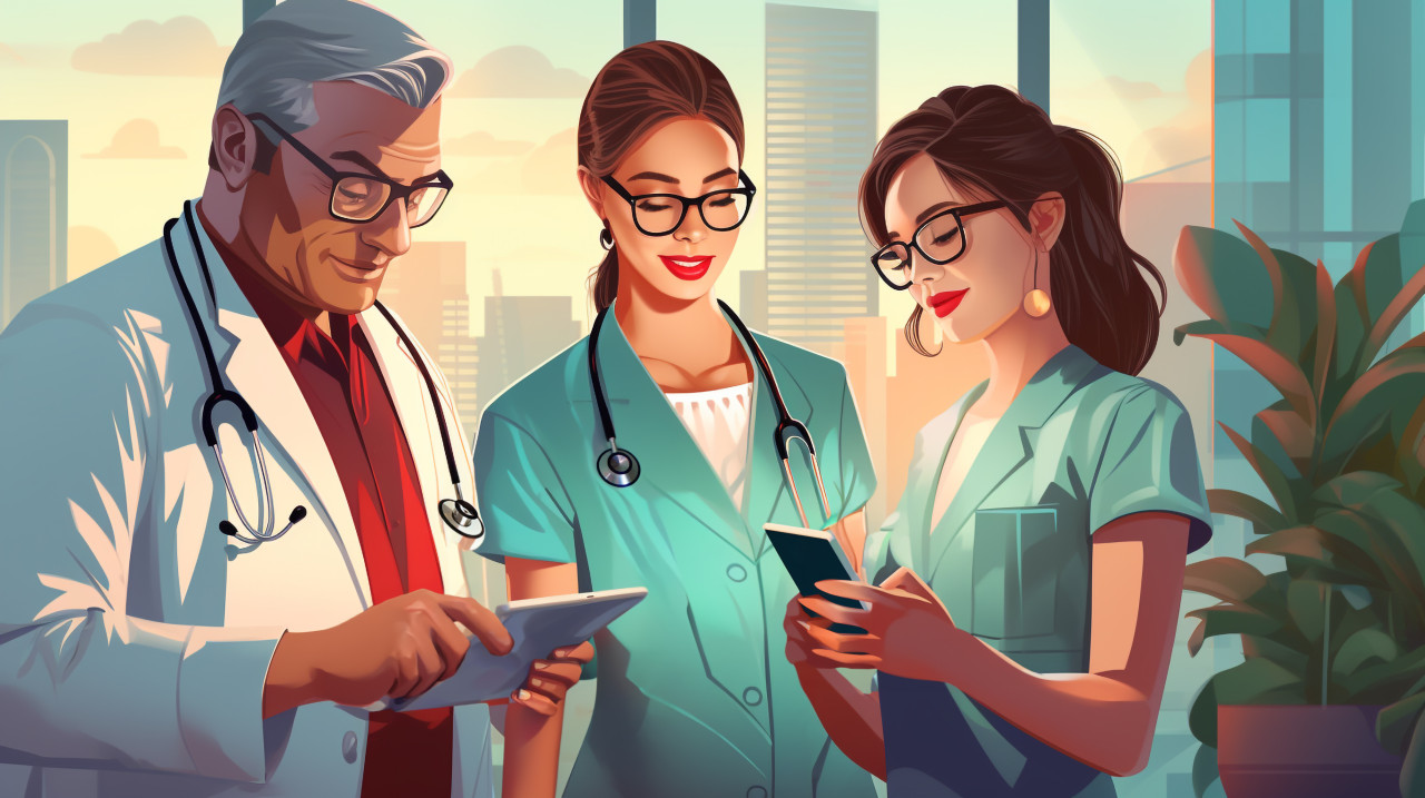 A healthcare team holding a tablet while a nurse, medical images stock