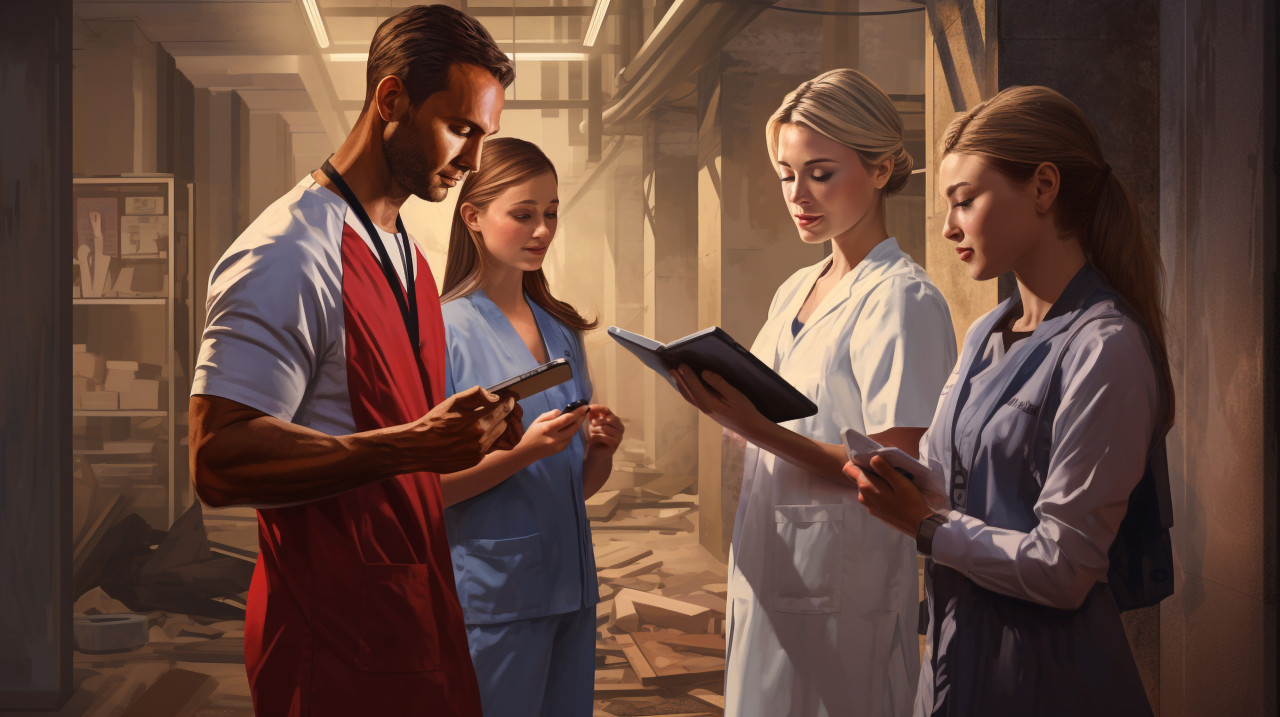 Doctors and nurses review patient data, medical images stock