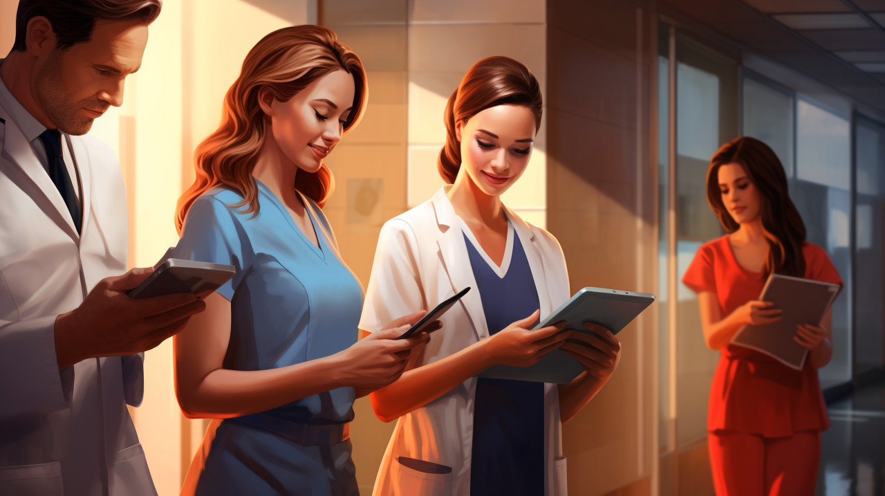 Healthcare team uses technology to stay connected, medical images stock