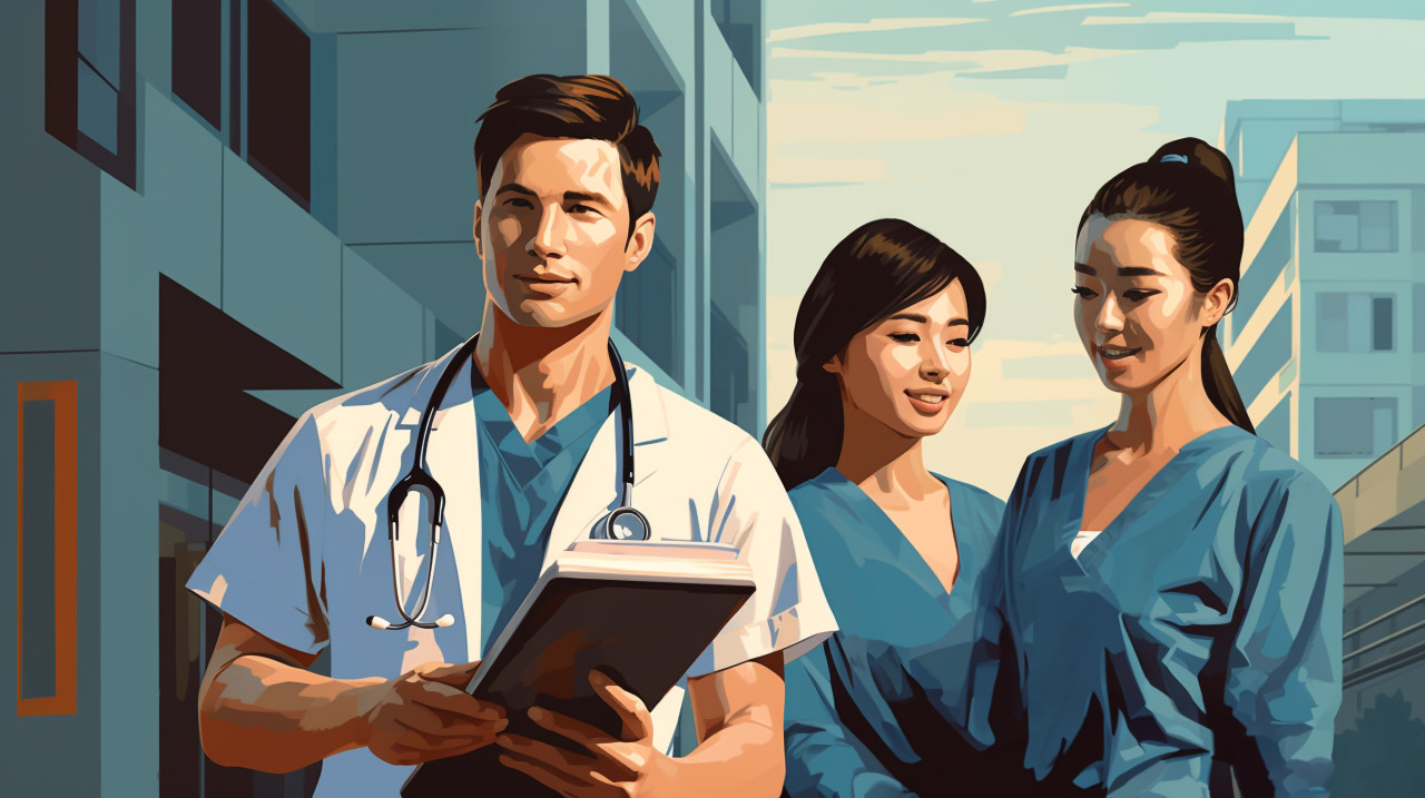 Medical professionals consult tablet, medical images stock