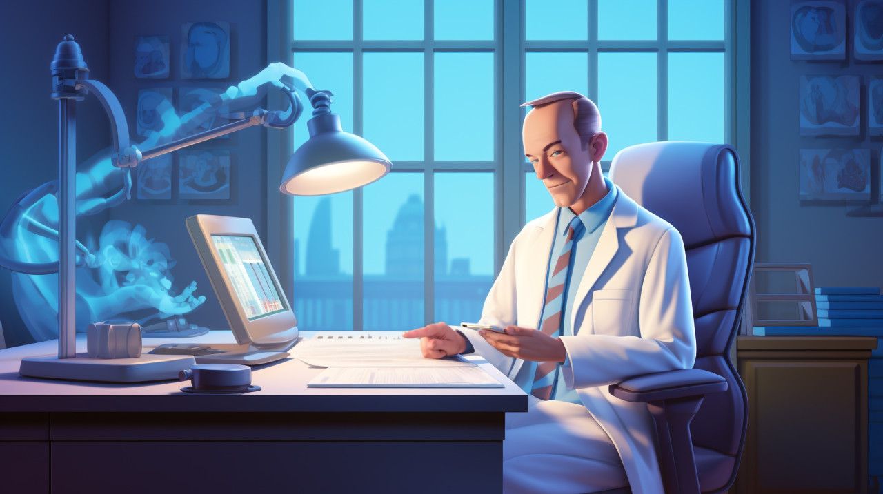 A doctor sitting at his desk with clipboard and computer, medical images stock