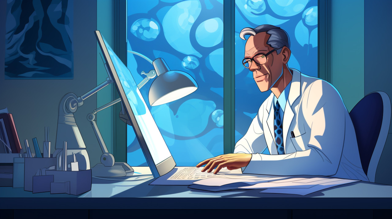 Doctor working on laptop at desk, medical images stock